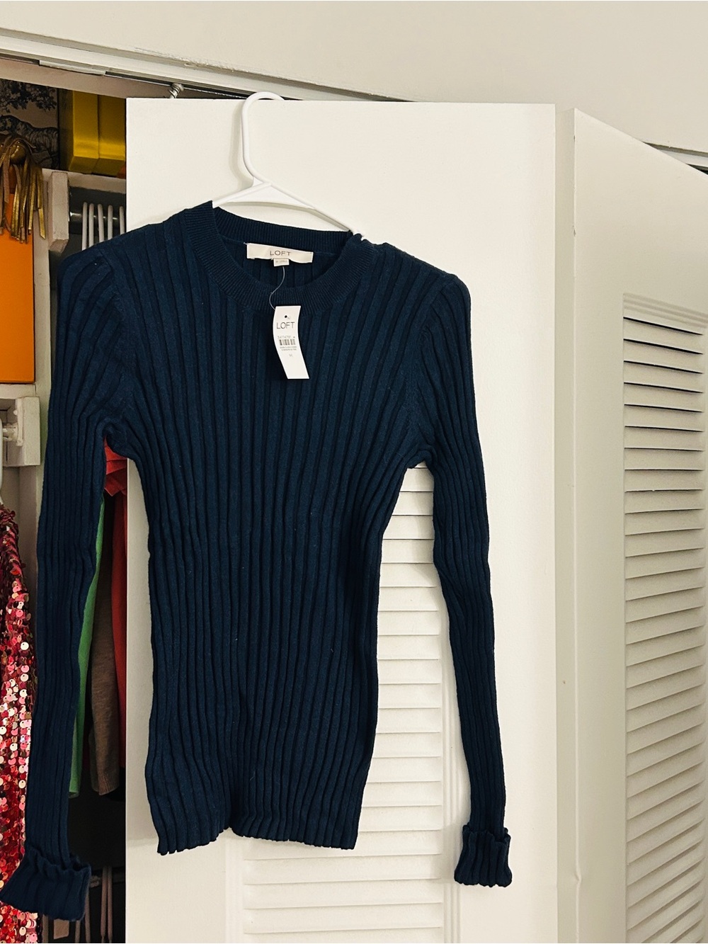LOFT Navy Ribbed Crewneck Long-Sleeve Top
